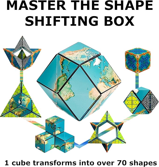Shashibo Shape Shifting Box - Award-Winning, Patented Fidget Cube w/ 36 Rare Earth Magnets - Transforms Into Over 70 Shapes, Gift Box, Download Fun in Motion Toys Mobile App (Earth, 4 Pack)