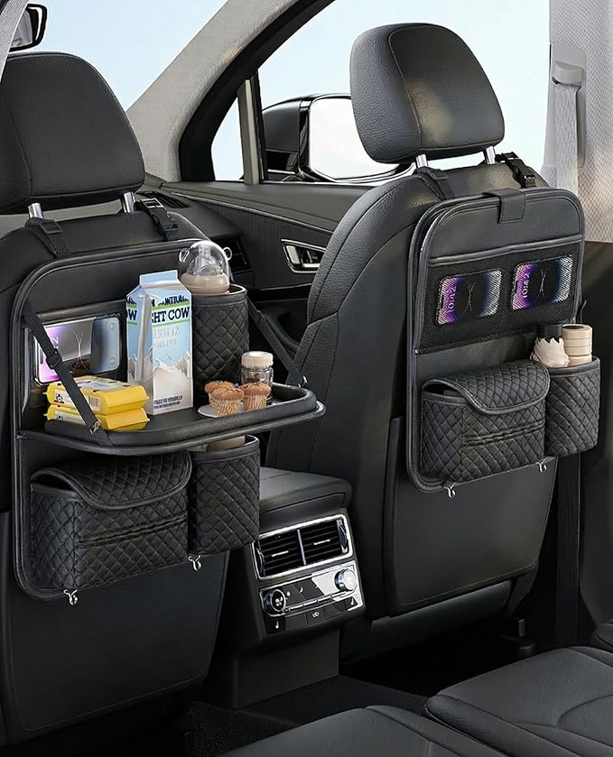 PU Leather Backseat Car Organizer with Tray, Cup Holder, Tablet Pocket & Tissue Holder, Back Seat Car Organizer for Kids and Women, Universal Car Seat Storage Organizer (Black)