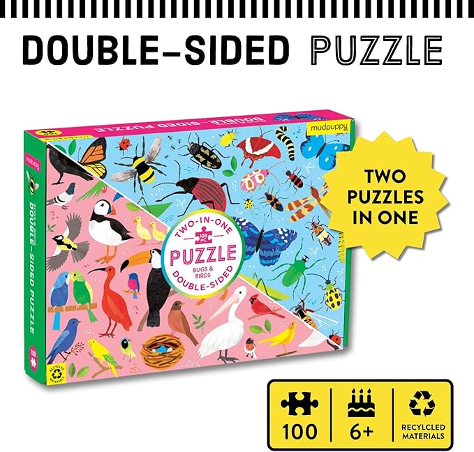 Mudpuppy Bugs and Birds Double-Sided Puzzle, 100 Pieces, 22” x 16.5” – Perfect Family Puzzle for Ages 6+ - Colorful Illustrations of Birds on One Side and Bugs on the Other, Multicolor (0735363749)