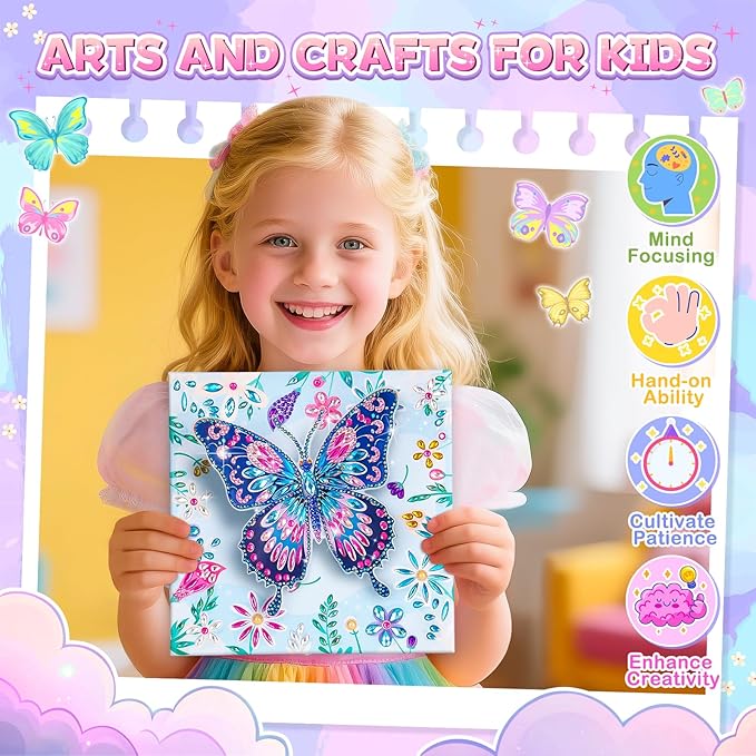 Arts and Crafts for Kids Age 8-12, Diamond Art Kit for Kids, Gifts for 6 7 8 9 10 Year Old Girls, Birthday Presents Toys for Girl Teen, Fun Activities Gem Art Butterfly Kit with Frame for Home Decor