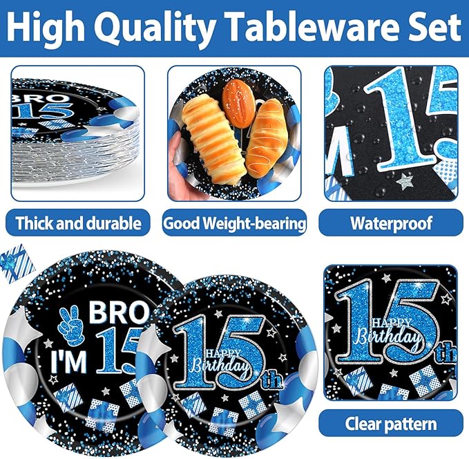 100 Pcs 15th Birthday Decorations for Teen Boys Blue and Black 15th Plate Napkin Forks Set Disposable Teen 15 Year Old Birthday Tableware Dinnerware for I’m 15 Bro Party Supplies Favors Serve 25