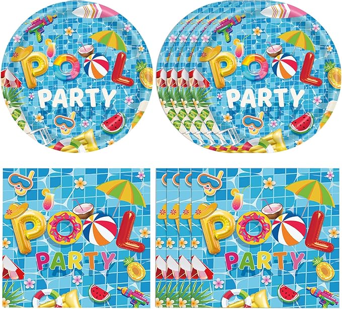 40 Pieces Pool Birthday Party Supplies, 20 – Disposable Pool Paper Plates and Napkins for Summer BBQ, Pool Party, Hawaii Holiday Decorations