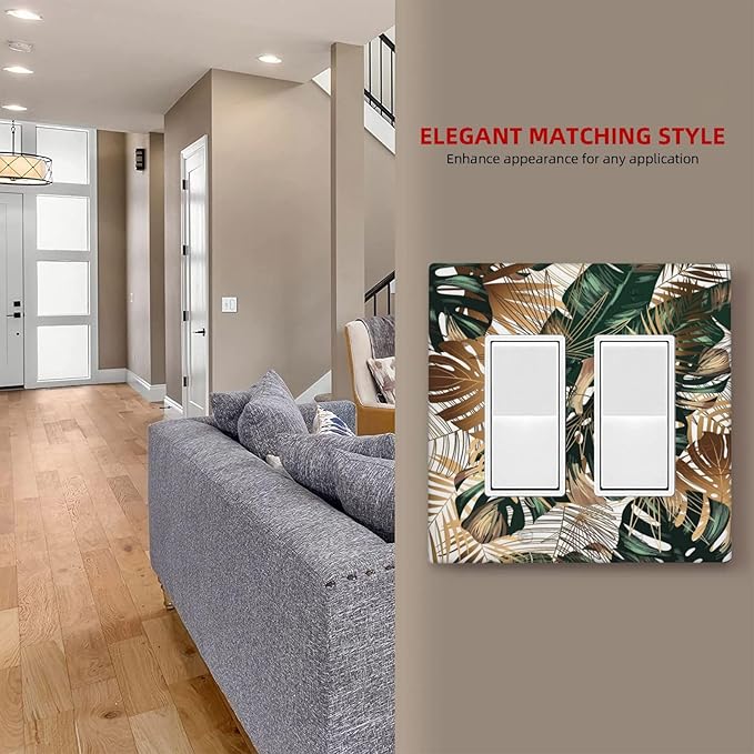Green Tropical Leaves Gold Palm Leaf Botanical 2 Gang Rocker Decora Light Switch Covers Decorative Unique Dual Outlet Covers Wall Plate Electrical Faceplate Switchplate GFCI for Kitchen Bedroom