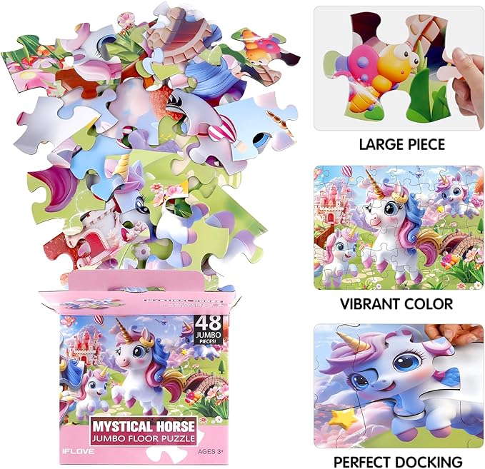 Jumbo Floor Puzzle for Kids,48 Piece Unicorn Large Jigsaw Puzzles,Puzzle for Toddler Ages 3-5,Fun Educational Preschool Learning Toy Easter Gift for Boys & Girls Ages 4-8