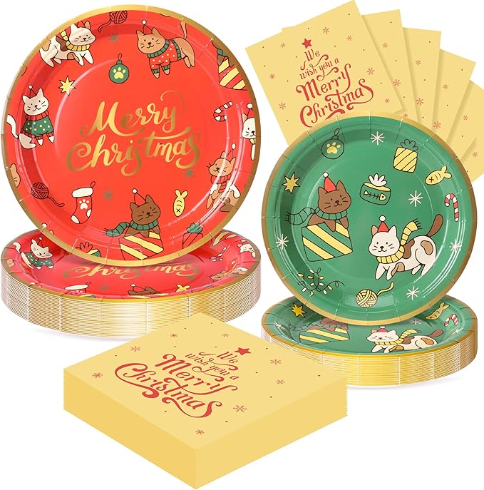 72PCS Christmas Plates and Napkins for Party Decorations, Set of 24 Merry Christmas Disposable Tableware Supplies, Cute Cats Themed Christma Paper Plates for Xmas Party