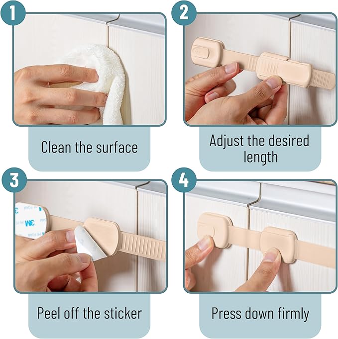 Bate- Child Safety Strap Locks, 8 Pack, Beige, Baby Locks for Cabinets, Drawers, Kitchen, Toilet, Furniture, Fridge, Multi-Purpose, Easy Install with Quick 3M Adhesive for Childproofing