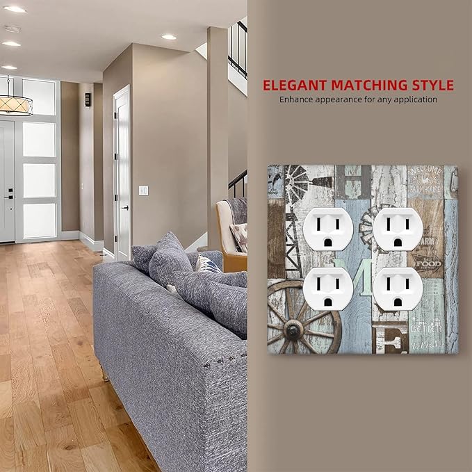 Rustic Western Barn Door Vintage Windmill Outlet Covers 2 Gang Double Duplex Decorative Light Switch Covers Electrical Wallplates Socket Faceplate for Farmhouse Home Decor