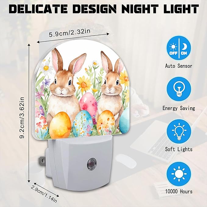 Easter Bunnies and Eggs Night Light for Kids,Cute Easter Rabbit and Flowers Plug in Night Light with Dusk to Dawn Sensor, 0.5w Energy Saving Nightlight for Hallway Stairway Kitchen Bedroom