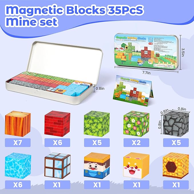 SYSKENI Mini Magnetic Blocks Travel Set, 35PCS Magnetic Blocks Travel Toys for Kids Ages 3-5 4-8, Portable Magnet Cubes Preschool Learning Toys with Portable Iron Storage Box Christmas Birthday