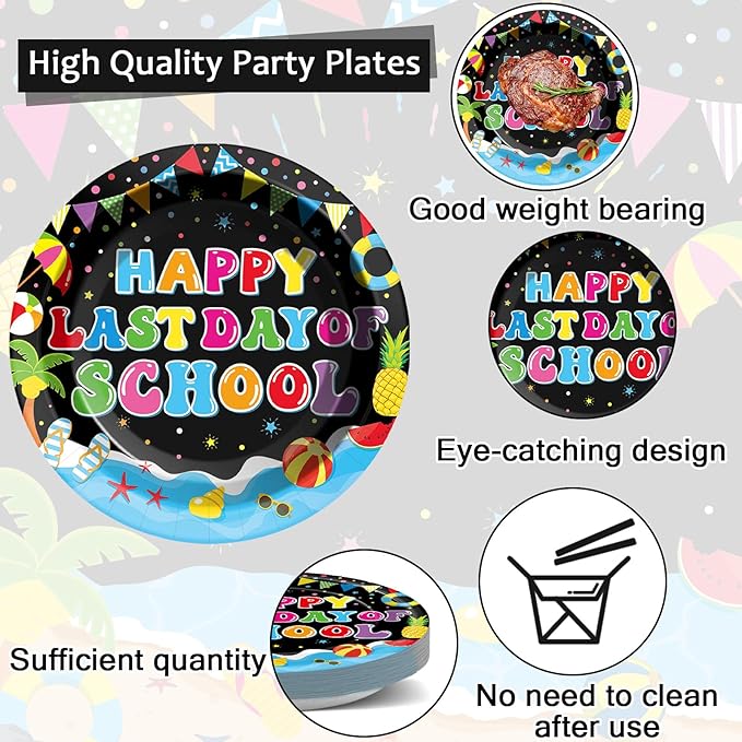 96 Pcs Happy Last Day of School Paper Party Plates and Napkins for Summer Vacation Supplies Summer End of School Year Theme Dessert Tableware Set for 24 Guests Birthday Party Decorations
