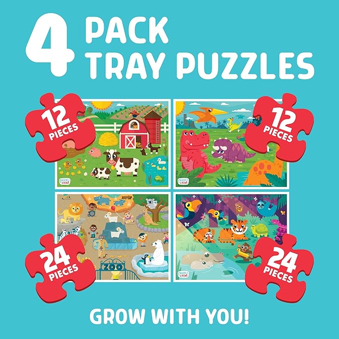 Chuckle & Roar - Multi Pack Jigsaw Puzzles for Kids Farm Dinosaur Jungle Zoo Tray Set 12 and 24 Piece Colorful Gift
