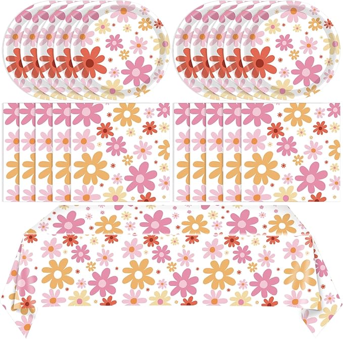 41PCS Groovy Daisy Birthday Party Decorations Retro Hippies Flower Disposable Tableware Include Daisy Plates and Napkin and Daisy Tablecloth Party Supplies for 70s Boho Birthdays Baby Showers Weddings