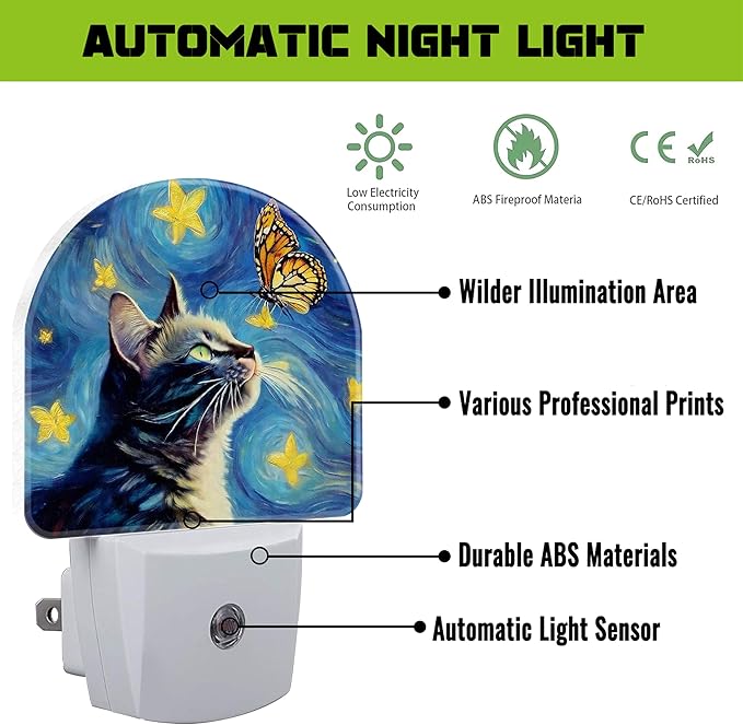 Cat and Butterfly Night Light for Kids, Starry Night Oil Painting Plug in Night Light with Dusk to Dawn Sensor, 0.5w Energy Saving Nightlight for Hallway Stairway Kitchen Bedroom
