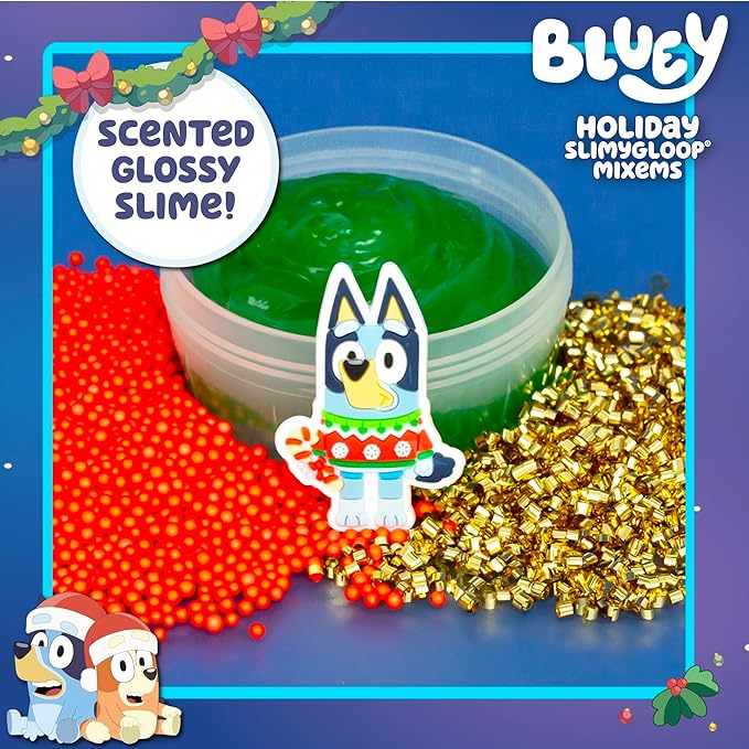 Bluey Holiday SLIMYGLOOP Mix’EMS, Peppermint-Scented Glossy Slime, 3 Fun Slime Add Ins, Bingsu Beads, Mini Foam Balls, Collectible Rubber Charm, Fun Stocking Stuffers, Gifts for Kids, Sensory Toys
