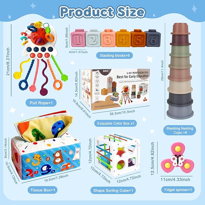 6 in 1 Montessori Toys for Babies 6-12 Months Up - Incl Pull String Toy, Stacking Cups, Tissue Box, Suction Cup Spinner, Stacking Blocks,Activity Cube, Baby Toys for 1 2 3 Year Old