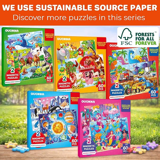 QUOKKA Magnetic Puzzles for Toddlers 3-5 – Search & Find 2 Pack, 60 Pieces Each – Travel Friendly Board with Hidden Objects, Ocean and Forest Scenes – Educational Puzzle Gift for 3 Year Olds