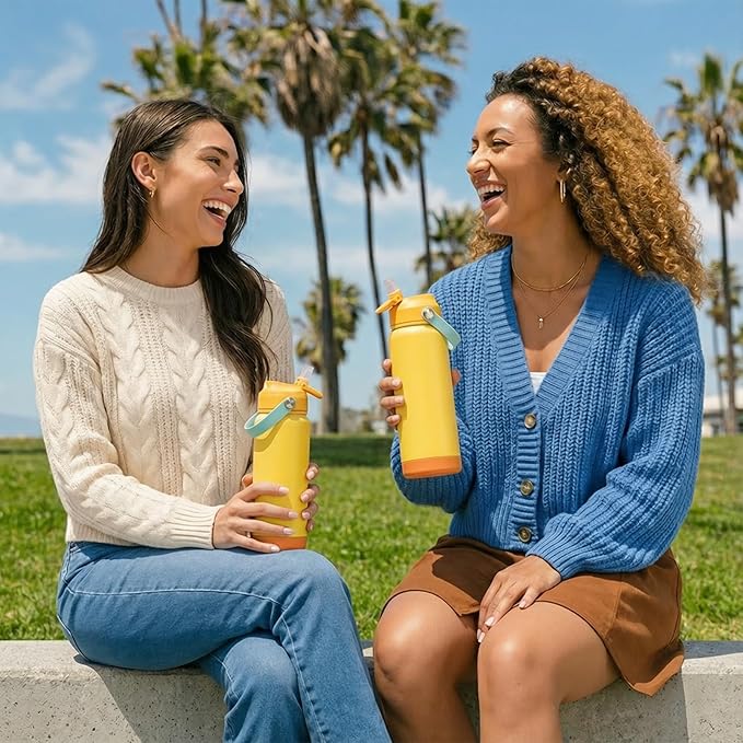 Fijinhom 24oz Insulated Stainless Steel Water Bottle, Wide Mouth Double Wall Vacuum, Silicone Straw, Sweat & Leak Proof, BPA Free Insulated Water Flask for Travel, Keep Cold 24h Hot 12h, Lemon