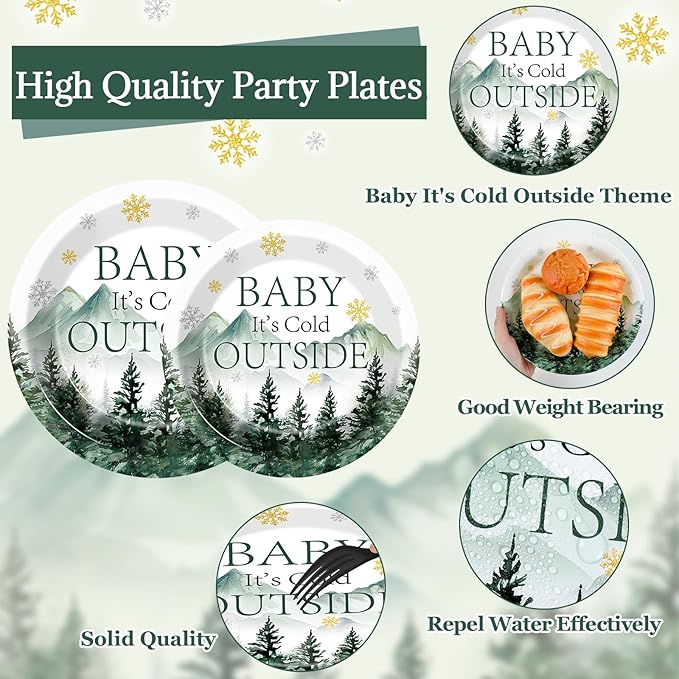 96Pcs Baby It's Cold Outside Plates and Napkins for Winter Baby Shower Party Supplies Forest Wonderland Dessert Disposable Plates Snowflake Tableware Set for 24 Guests Birthday Party Decorations