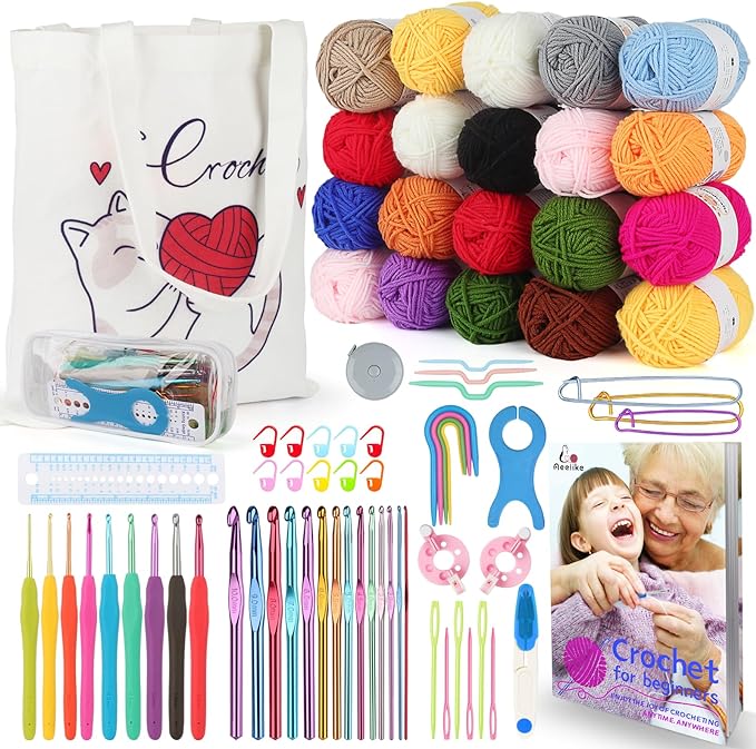 Aeelike Learn to Crochet Kits for Beginner, Crochet Starter Kit with Everything,1093 Yards Acrylic Yarn for Crocheting, 78pcs Crochet Set and Step-by-Step Instruction for Beginners Tote Storage Bag