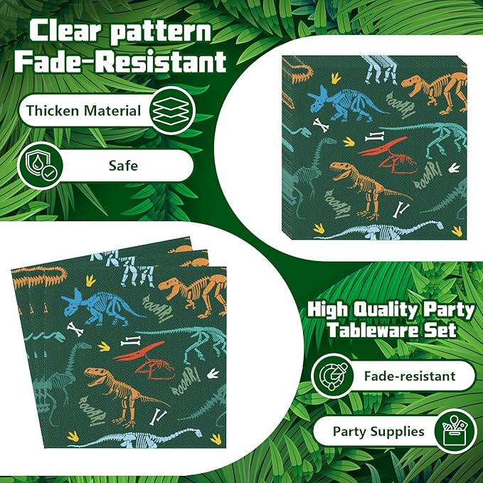 Dinosaur Birthday Party Supplies for Kids 96 Piece Dino Theme Tableware Set Includes Disposable Paper Plates, Napkins and Forks Dinosaur Decorations for Boys Birthday Party, Serves 24 Guests