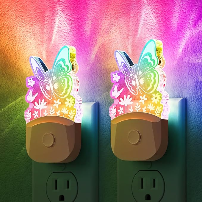 DORESshop Night Lights Plug into Wall [2 Pack], Butterfly Night Light Plug in with 8-Color RGB, Dusk-to-Dawn Sensor, Rainbow LED NightLight for Bathroom, Cute Room Decor,Boys Girls Christmas Gift