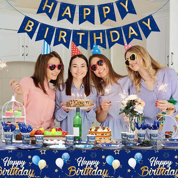 Pajean Blue Happy Birthday Party Tableware Set Birthday Decoration Banner and Tablecloths Decoration Plates Cups Napkins Dinnerware for 24 Guests Party Supplies(Blue and Gold)
