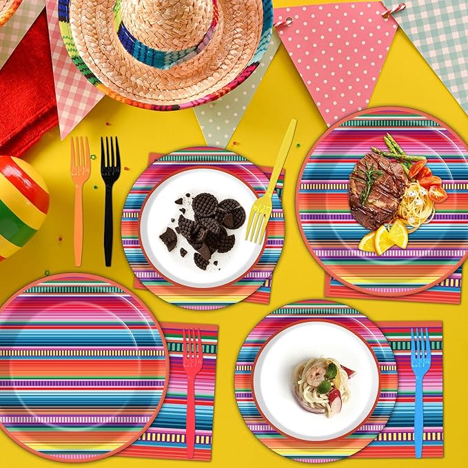 100PCS Mexican Fiesta Plates and Napkins Sets 5 Mayo Plates Mexican Fiesta Party Table Decor Supplies Serape Taco Paper Plate Disposable Tableware Colorful Stripes Pattern for Mexico Taco Party
