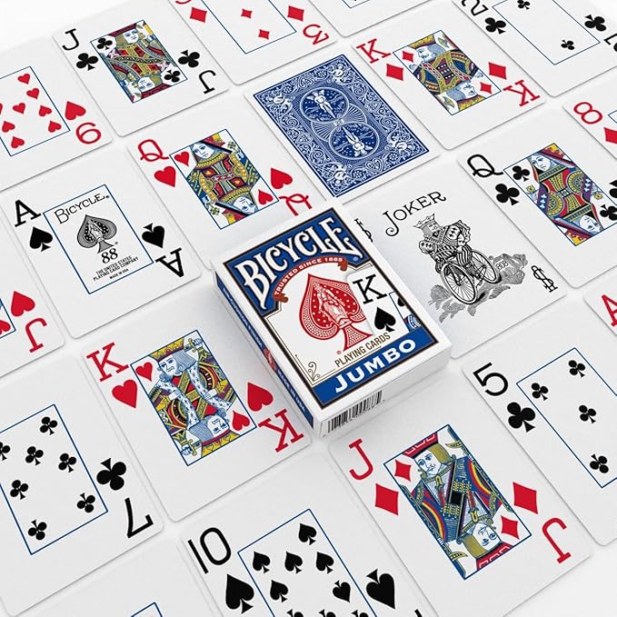 Bicycle Jumbo Index Playing Cards, 12 Pack Bulk Set of Large Print Poker Size Cards, Red & Blue Backs, for Easy Reading, Family Card Games, Classrooms, and Casino Play