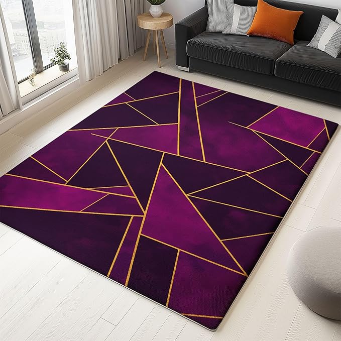 Dark Purple Area Rugs 2 x 3 ft Machine Living Room Washable Rugs, Geometric Gold Line Triangles Low-Pile Soft Non-Slip Carpet for Bedroom Dining Flannel Floormat