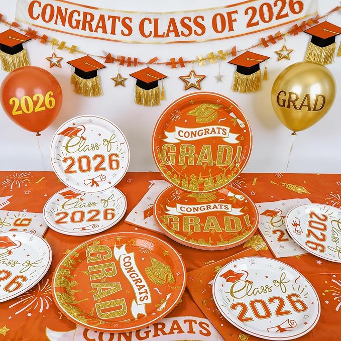 Graduation Plates and Napkins Party Supplies 2026 Graduation Decorations for 24,Orange Disposable Grad Plates Class of 2026 Dessert Plates Napkins,Tablecloth,Forks,for Congrats Grad Party Decorations
