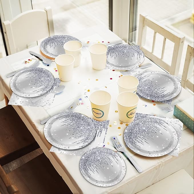 96 Pieces Silver Glitter Party Tableware Set for Denim and Diamonds Party Decorations Silver Plates and Napkins Forks Glitter Diamonds Theme Birthday Table Decorations for 24 Guests Parties Supplies