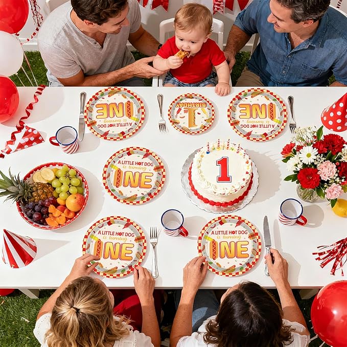 96Pcs Hot Dog Party Supplies 1st Birthday Plates and Napkins Fast Food Sausage Hotdogs Disposable Tableware Sets for Kids Boys One Year Old Birthday Baby Shower Party Decorations Serves 24