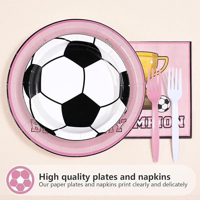 96Pcs Pink Soccer Birthday Party Supplies Pink Soccer Star Plates and Napkins Football Champion Themed Tableware Set for Sports Fans Football Theme Birthday Party Supplies，Serves 24