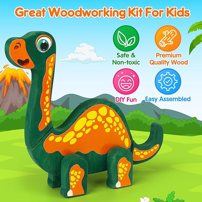 Mocoosy Wooden Dinosaur Painting Art and Craft Kit for Kids 3-5, Build & Decorate Your Own Dinos with Paint & Stickers, Wood Dinosaur Builder Game Montessoi Educational Toy Gift Toddler Boys Girls 4-8