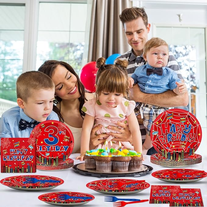 96Pcs Spider 3rd Birthday Party Decorations Cartoon Spider Theme Plates Napkins Red Blue Hero Tableware set Super Theme Hero 3rd Birthday Decoration Favors for Kids 3 Year Old Party Supplies Serve 24