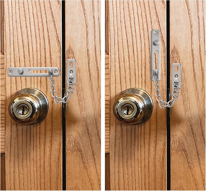 Topbuti Chain Door Guard Lock, 2 Packs Security Door Chain Locks with Spring Button Latch, Hotel Doors Latches Front Doors Locks for Kids Safety (Brushed Silver)