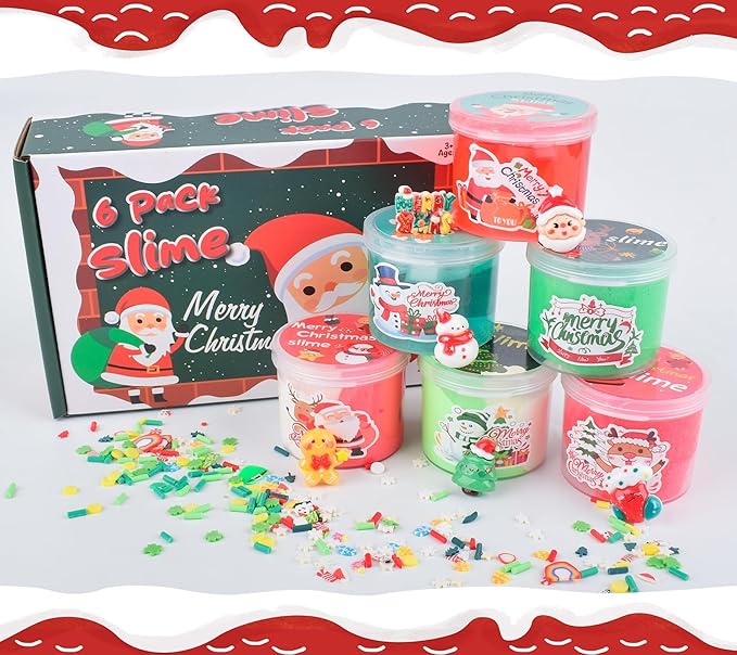 6 Pack Christmas Slime Kit, with 2 Butter Slime and 2 Cloud Slime and 2 Jelly Cube Crunchy Slime, Soft & Stretchy, Birthday Gifts for Kids, Christmas Party Favors for Girls and Boys
