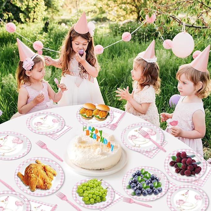 gisgfim 96Pcs One Silly Goose Plates and Napkins Party Supplies Silly Goose Tableware Set Pink 1st Birthday Party Paper Dinner Birthday Decorations Favors for 24 Guests