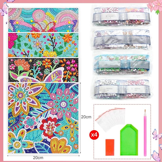 ZUYUSUT 4 Pack Cute Butterfly Flower Diamond Art Painting Kits for Kids Girls Ages 3-12 Art Crafts 5D Mosaic Gems Paint Sets by Number Kits for Kids Girls for Home Office Wall Decor