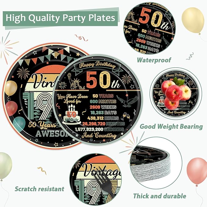 Wiooffen 96 Pcs Vintage 50th Birthday Party Plates Napkins Tableware Set Back in 1976 Supplies Disposable Dinnerware Colorful Cheers to 50 Years Decoration Favors for Women Men Party Favor, 24 Guests
