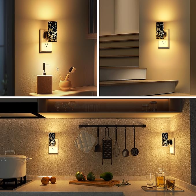 LED Night Lights Plug into Wall, 2-Pack 3000K Bright Plug in Nightlights, Dusk-to-Dawn, Dimmable 0-100LM, Auto-On/Off, Home Decor for Bedroom, Bathroom, Hallway, Kitchen, Black Butterfly