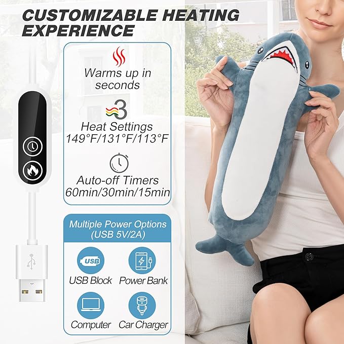 Shark Heating Pad for Period Cramps & Menstrual Pain Relief, Cute Heated Stuffed Animal Heating Pad Plush, Portable USB Heated Toy with Auto Shut Off for Women & Girls, Gift for Mom