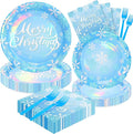 96PCS Blue Christmas Plates Napkins Forks for Party Decorations, Set of 24 Snowflakes Merry Christmas Disposable Tableware Supplies, Blue White Paper Plates for Winter Xmas Party