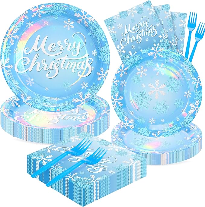 96PCS Blue Christmas Plates Napkins Forks for Party Decorations, Set of 24 Snowflakes Merry Christmas Disposable Tableware Supplies, Blue White Paper Plates for Winter Xmas Party