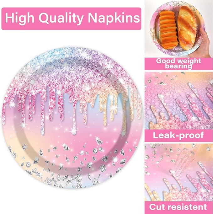 100PCS Iridescent Diamond Birthday Party Plates Napkins Forks Supplies Set Holographic Tableware Party Supplies Gem Stone Dinnerware Decorations Favors for Girls Kids Birthday Serves 25