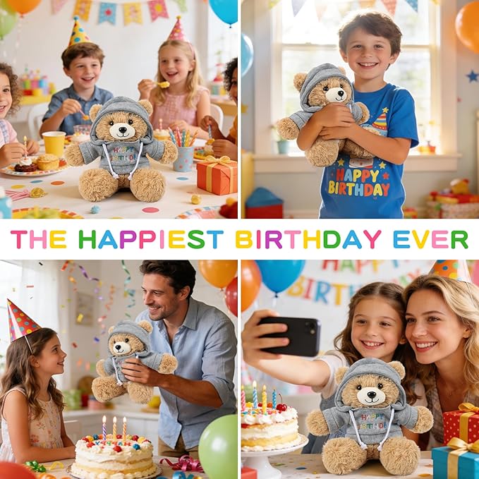 Osacoe Happy Birthday Teddy Bear Stuffed Animal with Gift Box Removable Hoodie for Kids, Women & Men, Unique Birthday Gift Boxes with Beautiful Gift Greeting Card