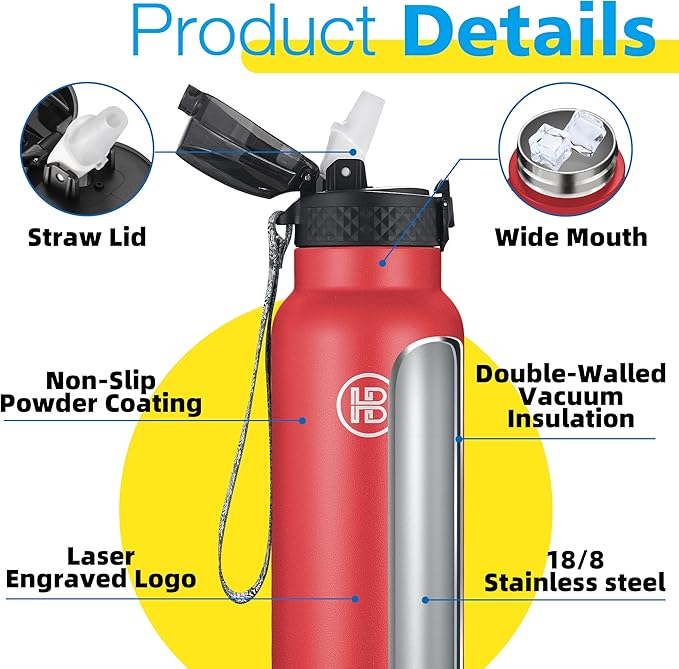 Han's Bottle Sports Water Bottle - 32 Oz, Straw Lid, Leak Proof, Vacuum Insulated Stainless Steel, Double Walled, Thermo Mug,Red