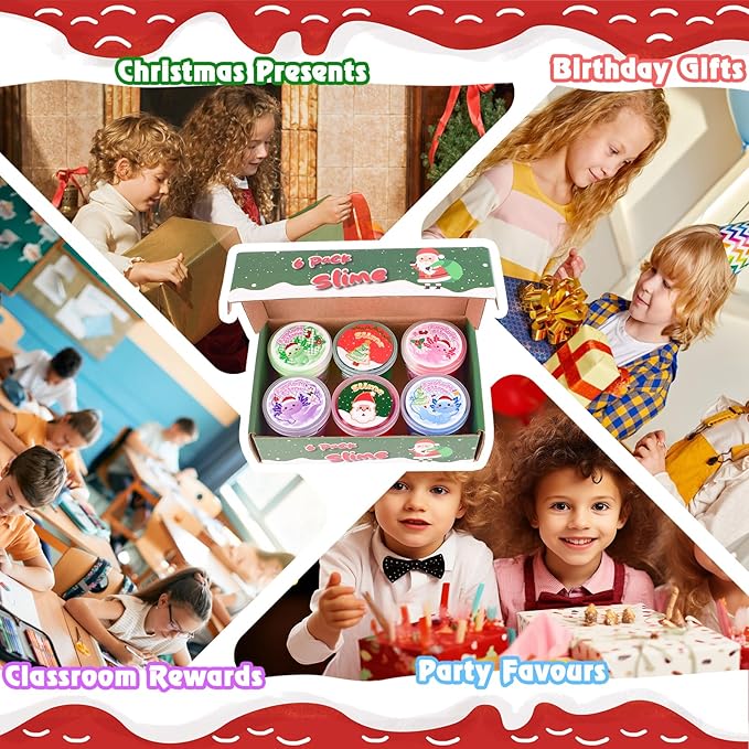 Christmas Slime Kit for Kids - 6 Pack Axolotl Slime with Butter, Cloud & Crunchy Jelly Cube Textures. Soft & Non-Sticky, Birthday Gifts, Xmas Stocking Stuffers & Party Favors for Girls and Boys