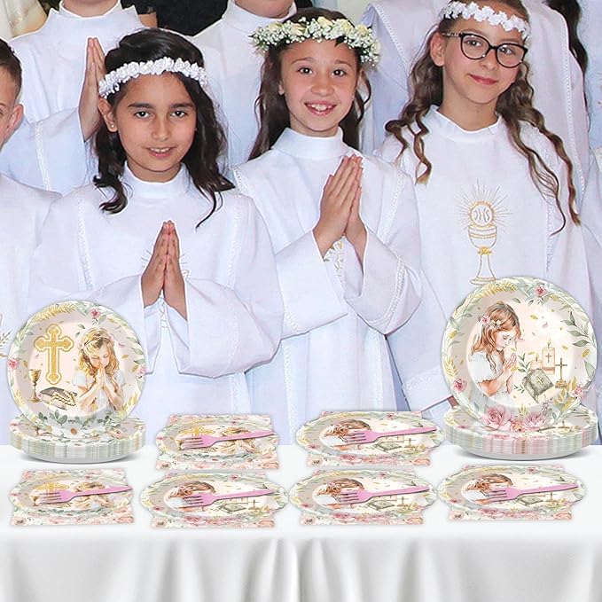 96Pcs First Communion Plates and Napkins for Baptism God Bless Party Supplies Pink Mi Primera Comunion Paper Dessert Plates Tableware Set for Girl 24 Guests Baby Birthday Christening Party Decorations