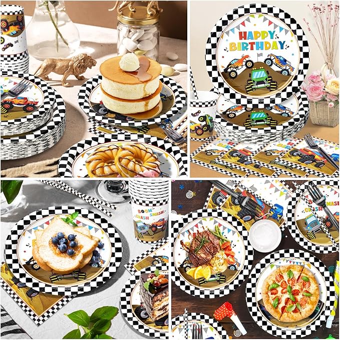 300 Pcs Truck Plates and Napkins Tableware Set, Plates Napkins Cups Straws and Forks Sets, Truck Birthday Decorations, Party Supplies, Serves 50 Guests